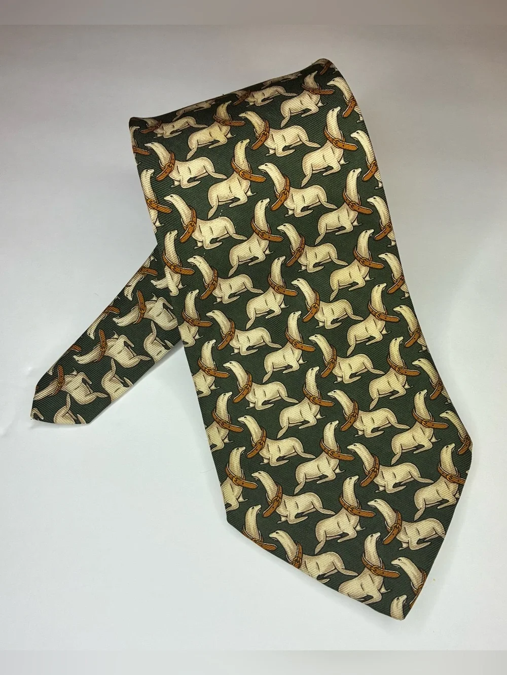 Brooks Brothers Makers Silk Tie Vintage Green Sea Lion Seal Animal Print Preppy